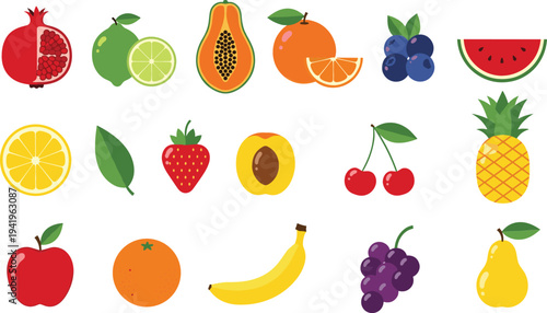 Colorful tropical fruits collection including apple, banana, orange, pineapple, grapes, papaya, watermelon and berries healthy food vector illustration set