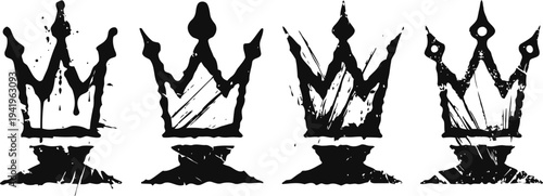 Black grunge crowns set with jagged edges and worn distressed texture in various shapes