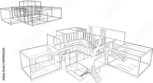 Wireframe architectural model of a multi-story modern house interior and exterior, revealing complex spatial arrangements and staircases