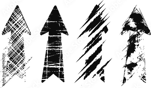 Set of grunge arrows black hand drawn textured arrows with rough distressed brush strokes and scratches