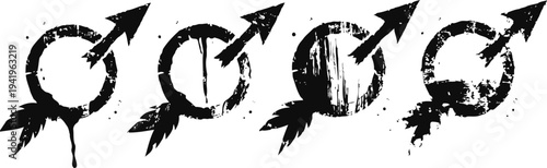 grunge mars male gender symbols with arrow, distressed rough texture icons set