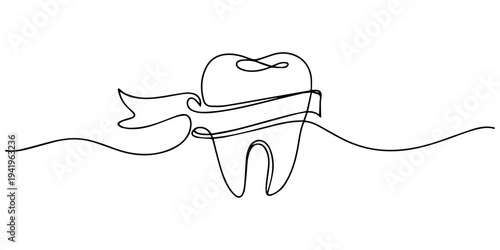 Tooth with ribbon one line continuous drawing. Cancer awareness ribbon, AIDS tape continuous one line illustration. Isolated on white background, One line drawing isolated teeth minimalist style clean