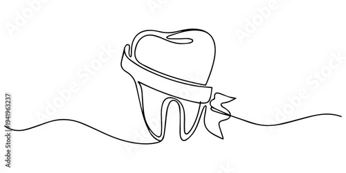 Tooth with ribbon one line continuous drawing. Cancer awareness ribbon, AIDS tape continuous one line illustration. Isolated on white background, One line drawing isolated teeth minimalist style clean