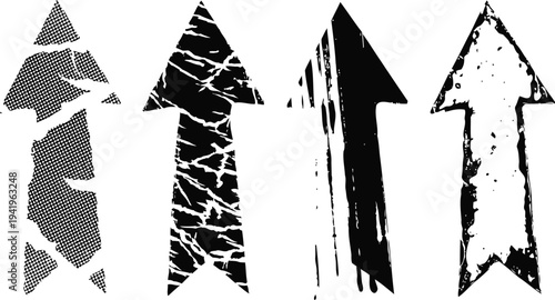 Four black and white grunge arrows pointing upward with textured distressed designs