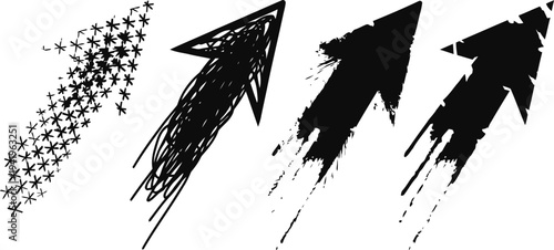set of four ascending arrows in different grunge and sketch styles showing progress and growth