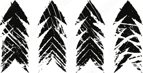 Set of four black grunge textured arrows pointing upwards with distressed and rough stroke