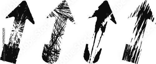 set of four black grunge arrows pointing upwards with textured distressed design