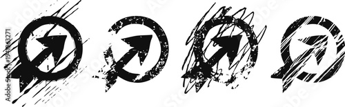 Grunge arrow icons set pointing upward right in circle distressed design with scratched texture, rough edges and ink splatter effect