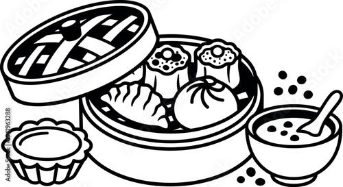 Black and white line art dim sum basket with assorted dumplings and dipping sauce bowl close up illustration