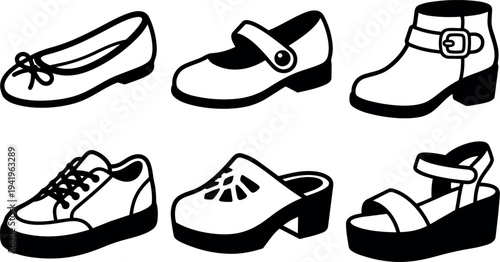 Black and white vector art set of six different shoe styles including ballet flat mary jane boot sneaker clog and platform sandal silhouettes