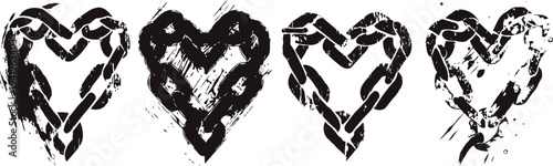 grunge black hearts set four distressed stylized heart shapes rough ink brush texture design