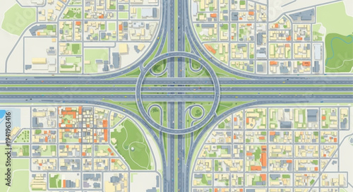 Aerial View of a Complex Highway Interchange with Urban Surroundings.