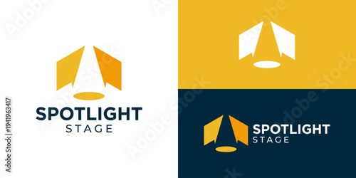 Creative simple spotlight stage logo template. Abstract spotlight with open curtains or room, light beam logo design vector illustration.