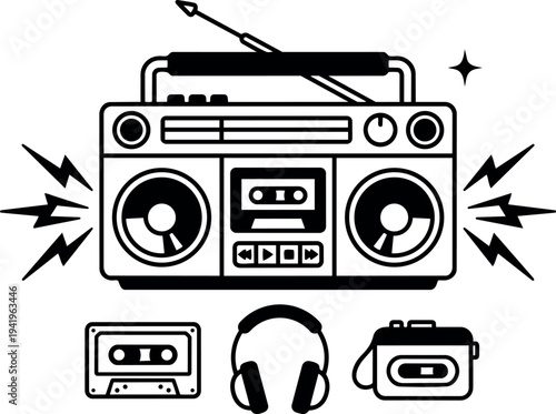 Flat design black and white vintage boombox with cassette tape headphones and portable player vector art composition