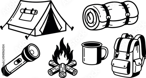 Black and white line art camping equipment set including tent flashlight campfire backpack rolled blanket and mug vector illustration