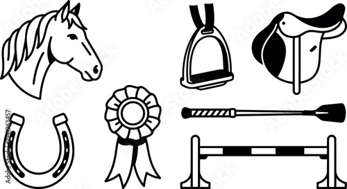 Black and white line art set of horse related equipment saddle stirrup whip horseshoe ribbon and jump bar icons