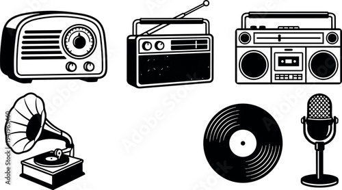 Black and white vector art of vintage radio record player microphone and cassette boombox collection in simple flat style