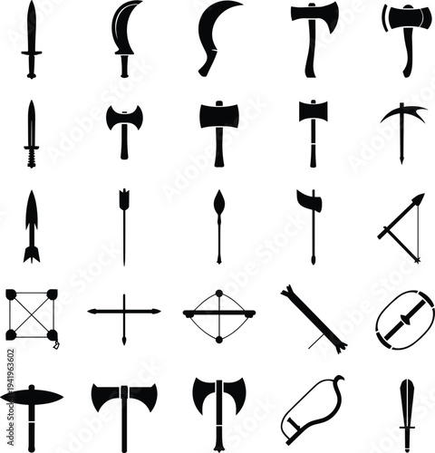 Medieval weapon icons set, swords, axes, spears, shields, ancient warfare illustration design