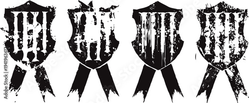 Vintage distressed shield badge collection with vertical stripes and ribbon tails