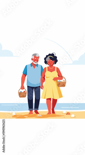 Elderly couple beach stroll along ocean shoreline, holding hands while carrying picnic baskets. Mature couple enjoying peaceful seaside walk, collecting seashells.
