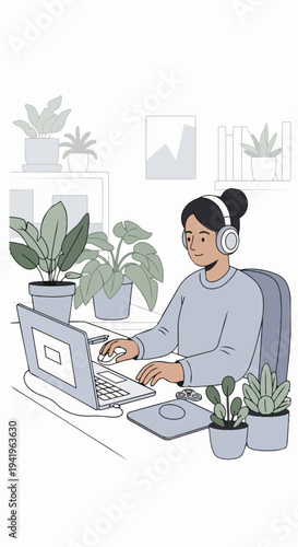 Woman performing remote work, typing on laptop computer at home office desk. Productive remote work environment includes headphones, potted plants, minimalist accessories,
