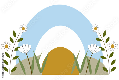 Abstract early spring morning landscape with sun rising over hills, green grass, and blooming flowers. Easter concept vector illustration