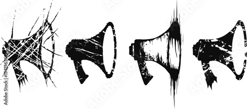 Four black silhouette megaphones varying in with distressed and cracked texture effects