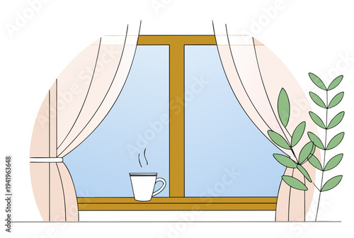 Cozy morning window with hot drink and plant. Early spring morning concept. Flat style vector illustration for app, web design