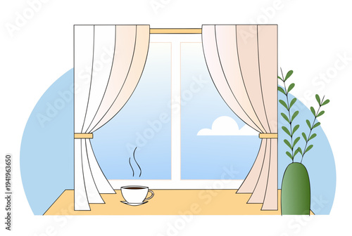 Cozy window scene with open curtains, desktop, hot drink, houseplant, and blue sky. Early morning concept. Vector illustration.