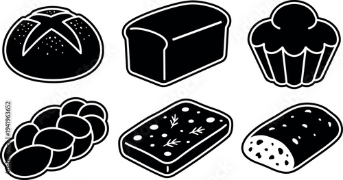 Black and white vector art of different bread types including round loaf braided bread cupcake rye sprouted bread regional bakery icons set