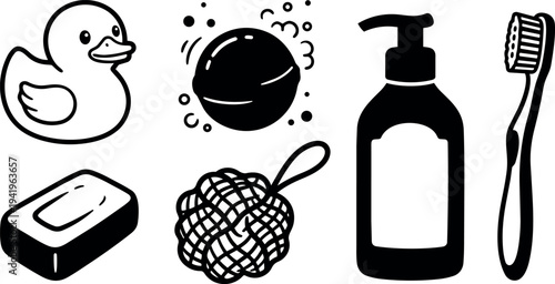 Black and white vector art set of bathroom items including rubber duck soap bar bath bomb liquid soap bottle and toothbrush line art style