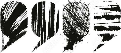 Black grunge speech bubbles distressed textured chat icons with rough brushstroke isolated vector elements for design
