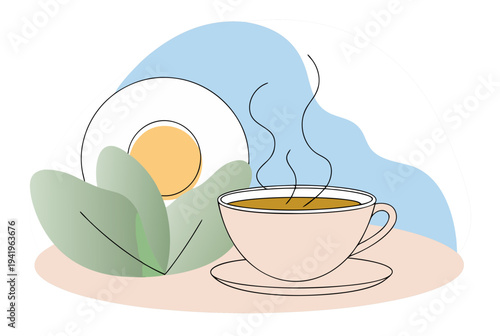 Steaming cup of coffee or tea with abstract shapes and green leaves. Early spring morning, relaxation concept. Vector illustration for greeting card
