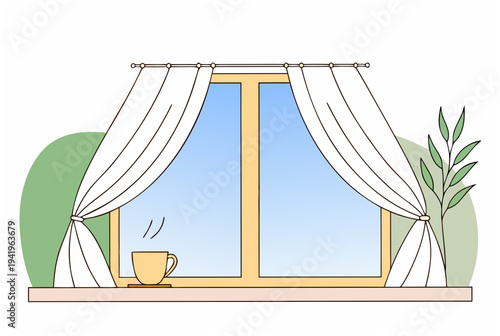 Window with a coffee cup on the sill, a plant, and curtains on an early spring morning. Easter holidays concept. Vector illustration