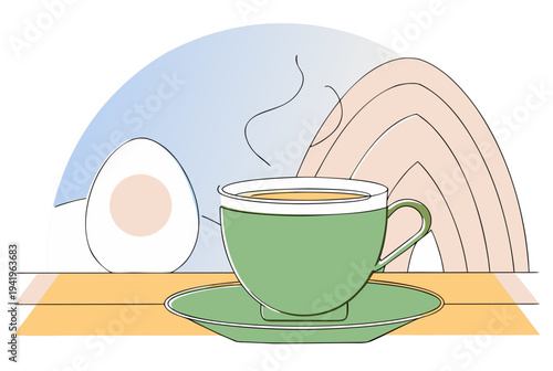 Steaming green cup with tea and a cooked egg on a light background. Early spring morning breakfast concept. Vector illustration