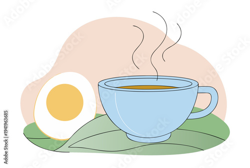 Steaming hot cup with boiled egg on a leaf. Early spring morning concept, Easter breakfast. Vector flat illustration for banner, poster, greeting card