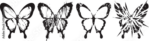 set of four butterfly silhouettes with varying wing patterns in black design elements