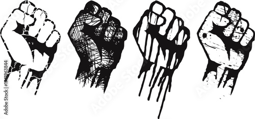 raised clenched fists symbolizing strength, unity, power, and resistance in black ink art