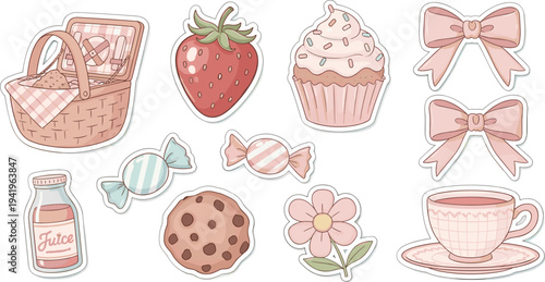 Colorful picnic items in cute cartoon style with soft pastel colors on white background for spring party