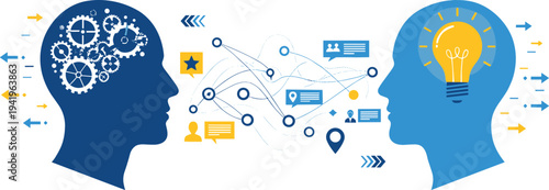 Knowledge transfer and idea exchange concept with human head silhouettes, gears, network connections and light bulb representing communication and innovation