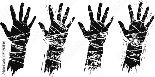 Four black silhouettes of hands tied with rope, symbolizing struggle and restraint