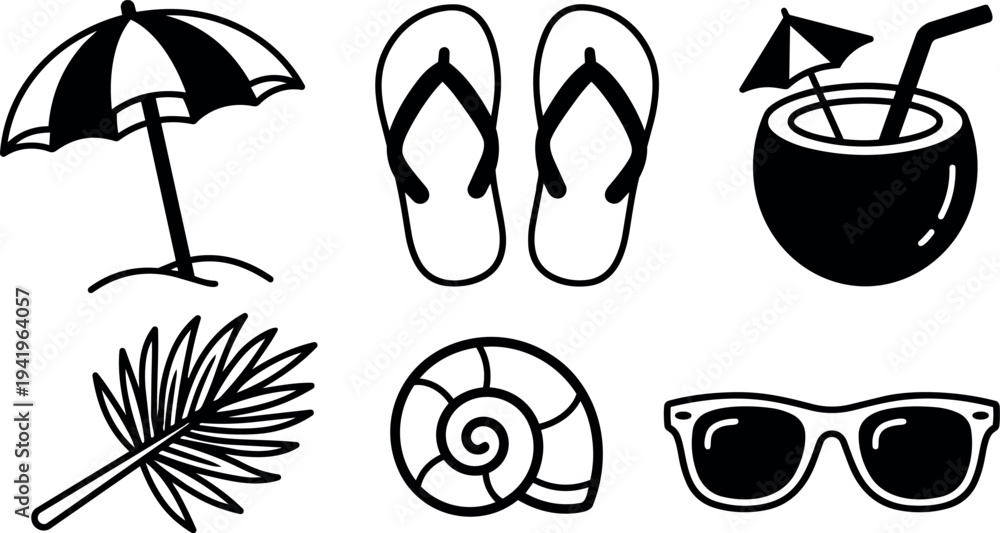 Fototapeta premium Black and white flat design summer icons umbrella flip flops coconut drink palm leaf shell sunglasses collection