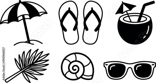 Black and white flat design summer icons umbrella flip flops coconut drink palm leaf shell sunglasses collection