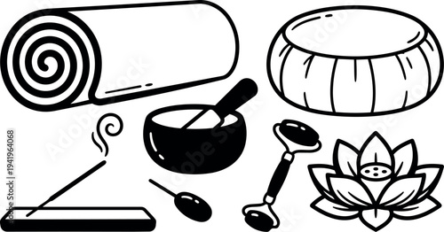 Minimalist black and white wellness icons including rolled yoga mat singing bowl meditation cushion incense stick lotus flower and roller massager vector art