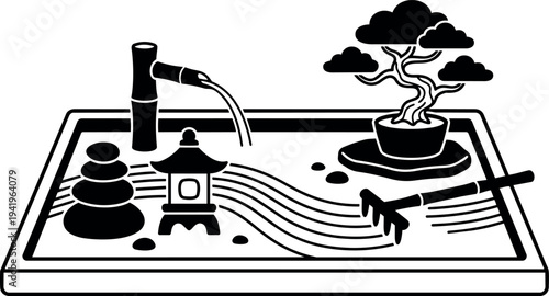 Minimalist black and white vector art of japanese zen garden with bonsai tree bamboo water feature and rock arrangement with rake lines
