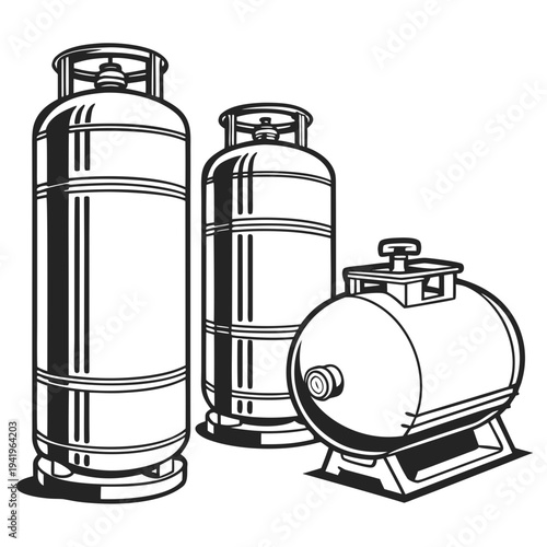 Of three industrial gas cylinders black and white gas tanks