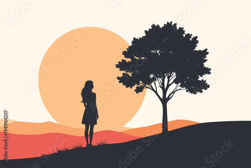 A black vector illustration of a silhouette of a woman and child under a tree in a park at sunset, capturing a moment of family love and nature in a summer landscape