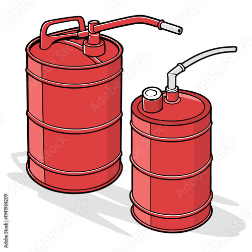 Red fuel cylinders with pumps and handles barrels