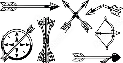 Hand drawn black vintage arrows set different angles bow and heart shaped designs vector art simple line style collection