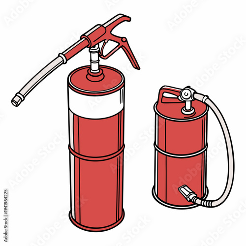 Red fuel cylinders with pumps and hoses fuel tanks